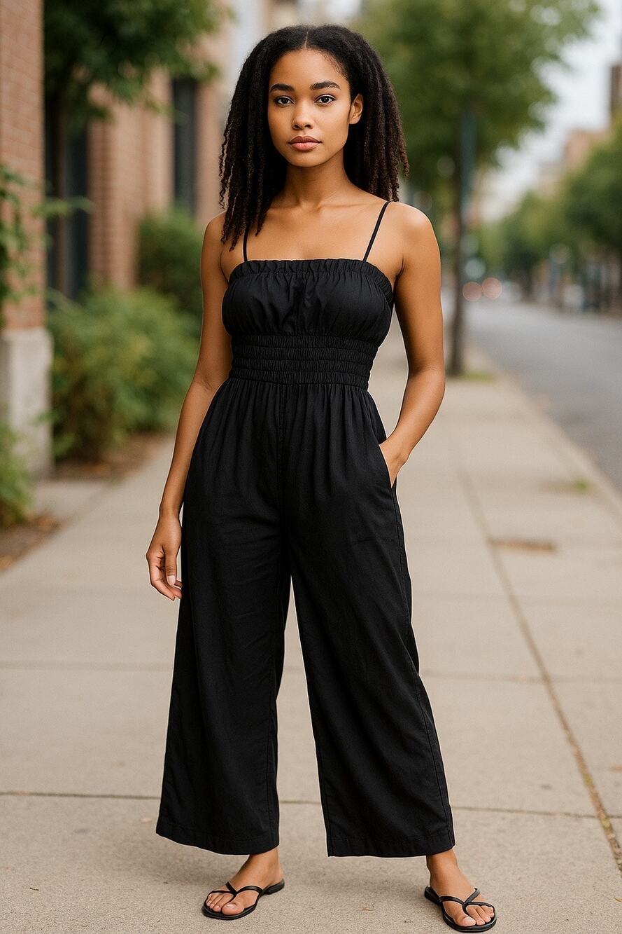 Women’s Black Linen Minimalist Jumpsuit XS Summer Casual Vacation